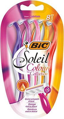 BIC Miss Soleil Colour Collection 3-Blade Razors for Women with Easy Grip Handle and Lubricating Strips, Pack of 8