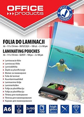 OFFICE PRODUCTS Fogli Plastificatrice A6 / 2 x 100 Micron/Confezione da 100 pezzi/Pouches per plastificazione per documenti/Finitura Lucida/Foglio di Laminazione