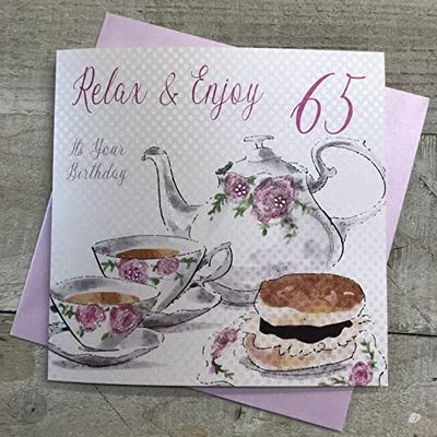 witte katoenen kaarten Ontspannen & Genieten 65, Handgemaakte 65e Verjaardagskaart (Thee & Taarten)
