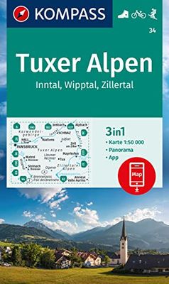 Tuxer Alpen / Inntal / Wipptal / Zillertal (34): 3in1 Wanderkarte, mit Panorama, inklusive Karte zur offline Verwendung in der KOMPASS-App. Fahrradfahren. Skitouren.