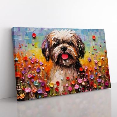 Shih Tzu Palette Knife Canvas Print for Living Room Bedroom Home Office Décor, Wall Art Picture Ready to Hang, 76x50 cm (30x20 Inch)