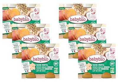 BABYBIO Hachis végétal - Patate douce des Landes Lentilles de nos régions Lait de coco - 6+ mois - 2 x 200g - BIO - Lot de 6