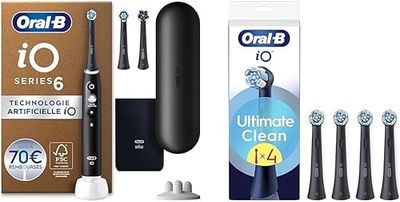 Oral-B Pack Brosse A Dents Electrique iO6 et Brossettes Ultimate Clean, ORIGINALES, Lot De Manche Oral B Noir avec 3 Embouts Ronds Et 5 Modes De Nettoyage, 4 Têtes Noires, Brossage En Profondeur