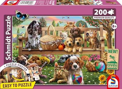 Schmidt Spiele 56534-Puzle Infantil (200 Piezas), diseño de Picnic de jardín para Perros y Gatos, Multicolor (56534)