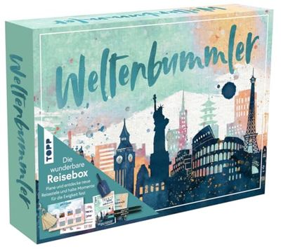 Wunderbare Reisebox Weltenbummler: Buch mit Reisetipps (DIN A5, 32 Seite), Reise Journal (DIN A5, 128 Seiten), 2 Brush Pens, 12 Reisekarten, 12 Holz-Anhänger, 2 Transfersticker-Bogen, Kofferanhänger