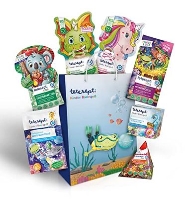 tetesept Conjunto de presente para crianças: banho de espuma, pérolas de banho, sais de banho e surpresa de banho. 7 x produtos de aditivos de banho para crianças tetesept