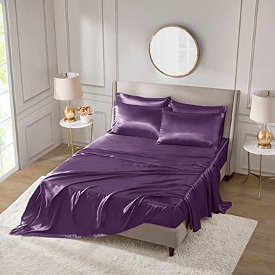 Madison Park Essentials Satijnen lakenset, luxe en zijdeachtig met natuurlijke glans, premium 40,6 cm diepe zak, rondom elastisch - beddengoed het hele jaar door, Queen, paars, 6-delig