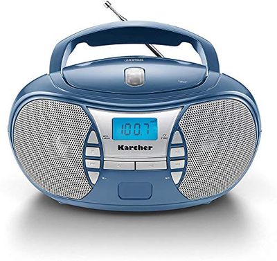 Karcher RR 5025-C - Rádio portátil com CD (leitor de CD, Boombox, rádio FM, bateria e rede, entrada auxiliar), cor azul