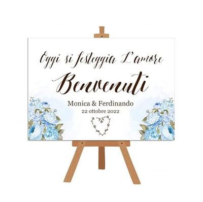 Cartello benvenuto matrimonio fiori azzurro polvere - stampa su cartoncino 50x70 rose acquerello