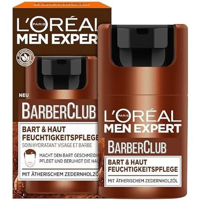 L'Oréal Men Expert Krem nawilżający do brody i skóry dla mężczyzn, krem nawilżający na 3-dniową brodę, krem do twarzy dla mężczyzn o zapachu drzewnym i eterycznym olejku z drewna cedrowego, Barber