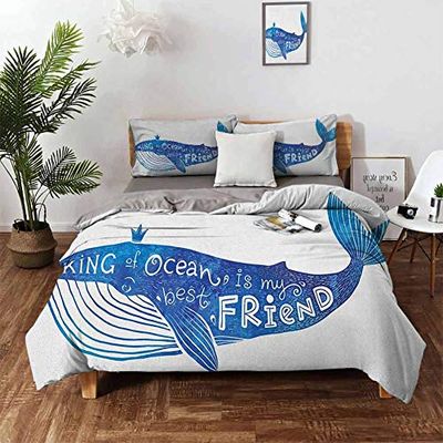 Whale Cover Set, Kind of Ocean is My Best Friend Quote with Whale Fish Paintbrush Artsy Picture Bedding Sets 3 Pieces (1 Duvet Cover + 2 Pillow Shams) Light Weight & Easy Care - Queen 90"x90