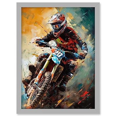 Motocross Race Driver Sport Action Shot Painting Artwork Framed A3 Wall Art Print