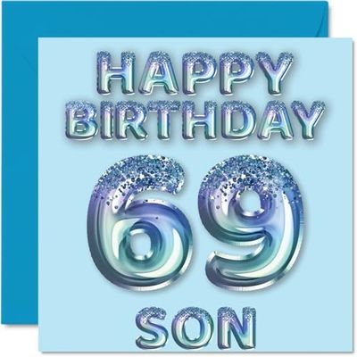 69th Birthday Card for Son - Blue Glitter Party Balloons - Happy Birthday Cards for 69 Year Old Son from Mum Dad Parents, 145mm Bday Greeting Cards Gift