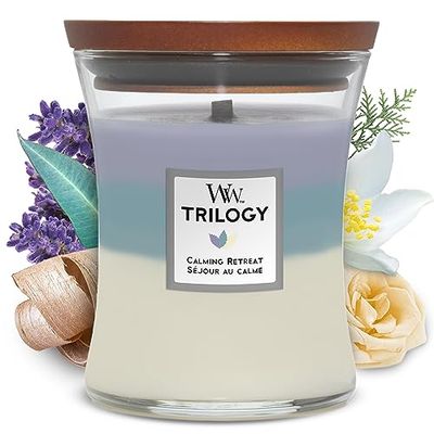 WoodWick Trilogy vela perfumada média em forma de ampulheta com Pluswick Innovation, retiro de paz