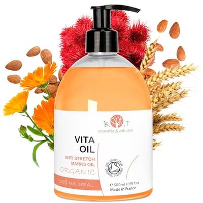 Vita Oil Anti Vergetures : Vergetures de Grossesse, Huile Raffermissante Corporelle, Combat le Relâchement Cutané à 87%, Améliore l'Apparence de la Peau (Amandes, Vitamines A & E) - 500 ml