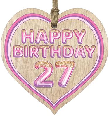 Fun 27th Birthday Gift For Men Woman Wooden Heart Plaques - Glitter Age 27 - Light Wood Sign Keepsake, Happy Birthday Plaque for Son Daughter Brother Sister Uncle Auntie Niece Nephew Cousin