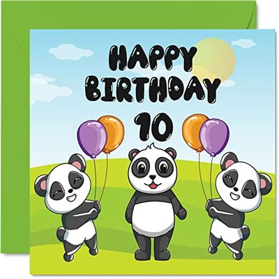 10e verjaardagskaart unisex - panda party - gelukkige verjaardagskaart 10 jaar oud, 145 mm x 145 mm schattige wenskaart voor zoon dochter broer zus kleinzoon kleindochter nichtje neef neef