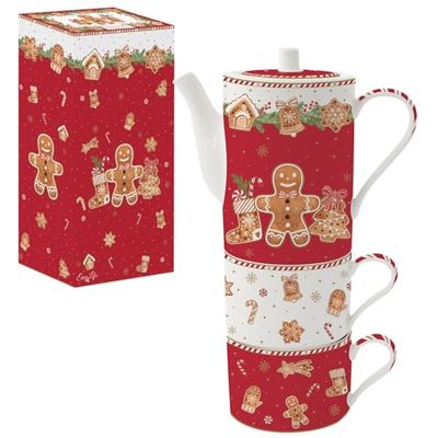 Easy Life Confezione da 50 cl + 2 tazze da pranzo da 24 cl, impilabili in porcellana FANCY GINGERBREAD