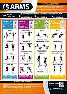 Armen Oefening | Volle Arms Workout | Verbetert krachttraining | Gelamineerde Gym en Home Poster | Inclusief Online Video Training Ondersteuning | Grootte - 594 mm x 420 mm (A2) | Verbetert de persoonlijke fitness