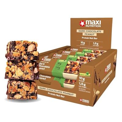 MaxiNutrition Protein Nut Bar - High Fibre Snack - Low in Sugar - 10g Protein - Dark Chocolate Peanut, Under 230 kcal per Serving, 12 x 46g