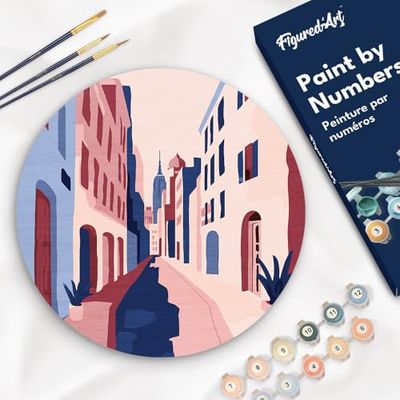 Figured'Art Peinture par Numéro Adulte sur Disque en Bois de 30cm de diamètre - Ruelle - Kit de Loisir Créatif DIY Numéro d'Art Complet