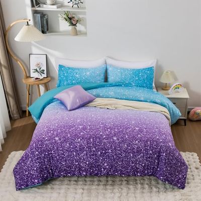 Holawakaka Set di biancheria da letto per bambini con motivo a stelle spaziali glitterate, con stampa sfumata blu e viola, per letto queen size (blu viola, Queen)..
