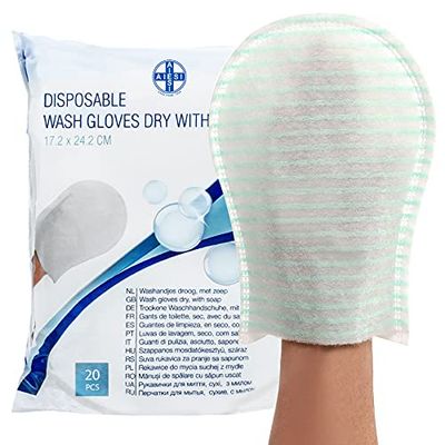 AIESI® Gants de toilette jetables avec savon haute qualité imperméable avec éponge douce (Paquet de 20 pièces), Délicatement parfumé, Sans rinçage