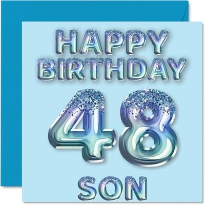 48e verjaardagskaart voor zoon - blauwe glitter feestballonnen - gelukkige verjaardagskaarten voor 48-jarige zoon van mama papa ouders, 145 mm x 145 mm verjaardagskaarten cadeau