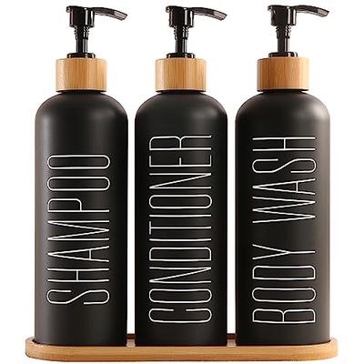 Prus Waso schampo och balsam dispenser, innehåller schampo balsam kroppstvätt dispenser. Duschdispenser med bambukumpar och bricka, perfekt för badrumstillbehör för nya hem. Svart: