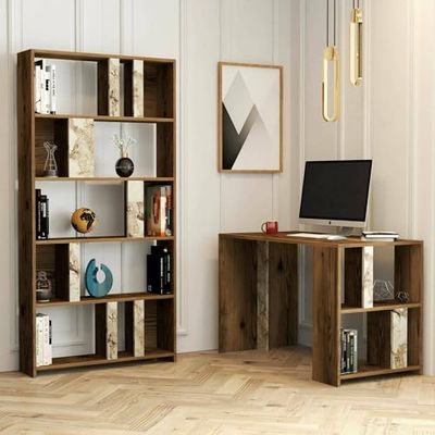 Dmora - Bureau Mirach, Pupitre Polyvalent, Table de Bureau pour PC, Plan de Travail, 120x60h75 cm, Noyer et Marbre Blanc