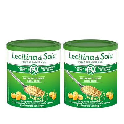 Crastan Lecitina di Soia, Pura Granulare, Integratore Alimentare con Soia non Geneticamente Modificata, Confezione contenente 2 barattoli da 250 gr