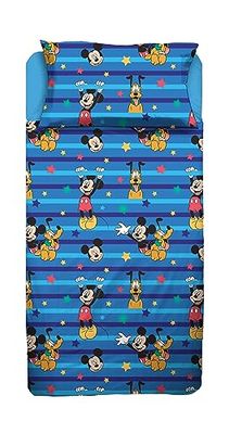 Mickey Mouse Musse Pigg, mellanstor säng, sänglakan, överlakan, påslakan med hörn, örngott, blå, Disney (100% bomull, officiell)