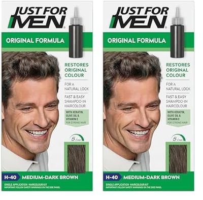 Just For Men Original Formula Medium-Dark Brown Hair Dye, Targets Only The Grey Hairs, Restoring The Original Colour For a Natural Look – H40 (Pack of 2)