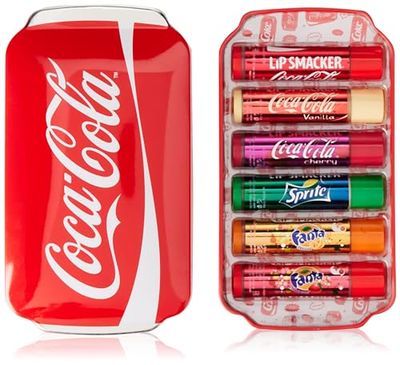 Lip Smacker Coca-Cola Collection, Gift Set 6 Coca-Cola & Sleep Mask, Fanta and Sprite Flavoured Lip Balms, Assorted Authentic Coca Cola-Flavoured Lip Balm with a Red Sleep Mask, Travel Set