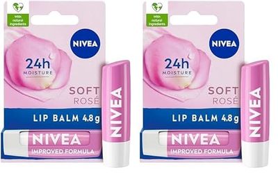NIVEA Soft Rose Lip Balm (4.8g), Lip Balm with Shea Butter, Natural Oils and Vitamins, Lip Care Offers 24h Deep Moisture and Underlines Natural Rosiness of Lips (Pack of 2)