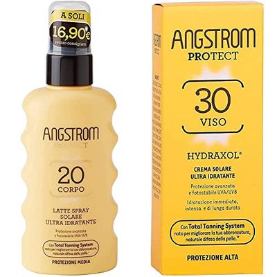 Angstrom Protect Latte Solare in Formato Spray, Protezione Solare Corpo 20+ & Protect Crema Solare Viso SPF 30, Stimola la Produzione di Melanina con il Total Tanning System