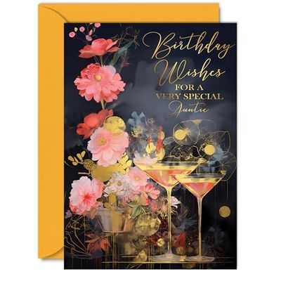 Beautiful Gold Birthday Cards for Auntie - Wonderful Golden Cocktails - Elegant Traditional Pretty Birthday Card for Auntie from Niece Nephew, 5x7 Inch Aunty Aunt Gorgeous Greeting Cards Gift