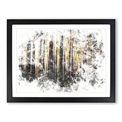 Pine Tree Forest In Spring Watercolour Modern Framed Wall Art Print, Ready to Hang Picture for Living Room Bedroom Home Office Décor, Black A3 (46 x 34 cm)