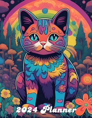 2024 Planner Psychedelic Orange and Blue Cat in Forest: 2-Page Per Month Calendar Spread, Weekly Details and Notes Pages