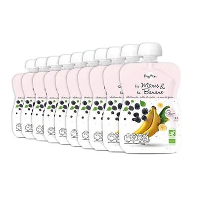 POPOTE - Purée de Mûres Banane BIO texture lisse dès 4/6 mois - Pack de 10 gourdes x 120g