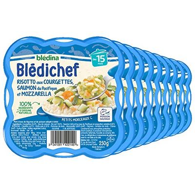 Blédina - Blédichef - Repas Bébé 15 Mois - 9 Plats Risotto Courgettes Saumon Mozzarella - Petits Morceaux - 100% Ingrédients d'Origine Naturelle - Dès 15 Mois - 9 Assiettes de 250g