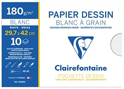 Clairefontaine 96185C - Pochette Dessin Scolaire - 10 Feuilles Papier Dessin Blanc à Grain - A3 29,7x42 cm 180g - Idéal pour les Arts Plastiques
