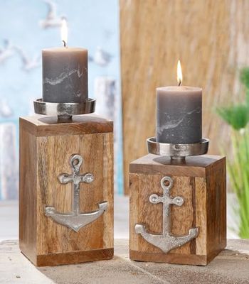 Pack of 4 Candlesticks, Anchor Pattern, Mango Wood, Natural Colours, PU 4, L. 10cm, W. 10cm, H. 16cm