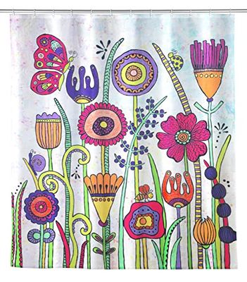WENKO Tenda per doccia Rollin'Art Full Bloom, tenda da doccia in tessuto idrorepellente 100 % poliestere con motivo “prato in fiore” e banda con peso, lavabile a 30°C, incl. 12 anelli, 180 x 200 cm