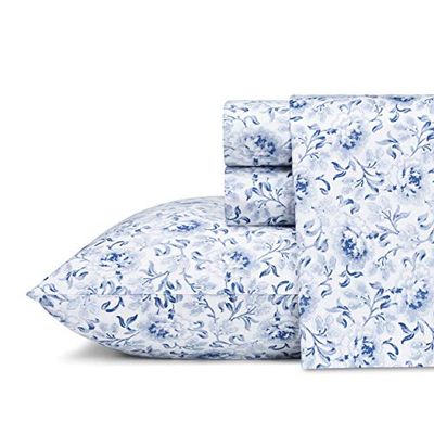 Laura Ashley Hojas Juego de Ropa de Cama de algodón Satinado, Elegante, Suave y Transpirable para decoración del hogar, Lorelei Azul Oscuro, Matrimonio Doble