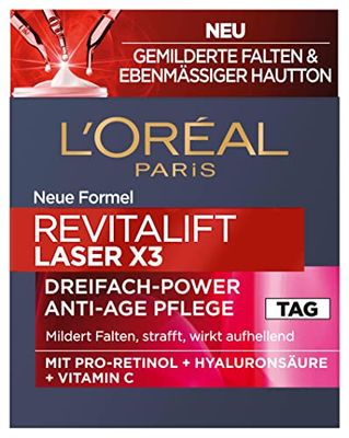 L'Oréal Paris Day Care, Firming and Plumping Anti-Ageing Face Care with Triple Effect, with Hyaluronic Acid, Vitamin C and Pro-Retinol, Revitalift Laser X3, 50 ml