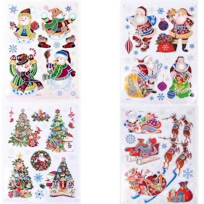 Adesivi natalizi 3D colorati – 4 fogli assortiti decorazioni natalizie per finestre si aggrappano adesivi riutilizzabili in vetro fiocchi di neve scena natalizia, decalcomanie statiche in PVC per