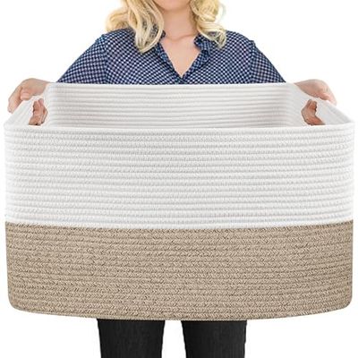 MEGASKET Extra Large Rectangle Cotton Rope Basket, 23.6" x 15.7" x 14.1", Brown, Cotton, Blanket, Toy, Laundry, Storage, Organizer