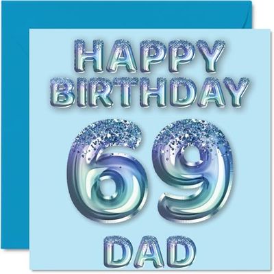Tarjeta de cumpleaños número 69 para papá, globos de fiesta con purpurina azul, tarjetas de feliz cumpleaños para papá de 69 años, padre de hijo e hija, tarjetas de felicitación de cumpleaños de 145