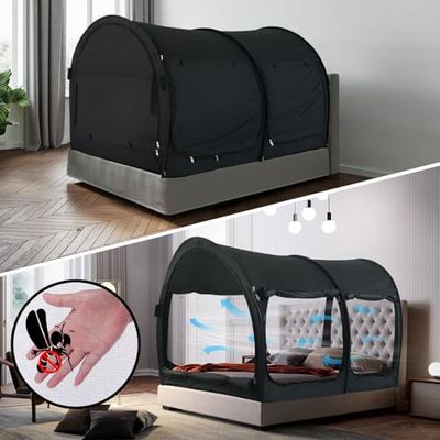 Alvantor Tenda a baldacchino per letto, tenda da sogno, per la privacy, per letto singolo, tende per interni, con telaio portatile, traspirante, grigio (materasso non incluso), luce e ventilazione